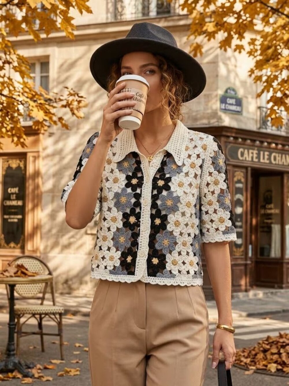 Crochet Knit Short Sleeve Floral Granny Square Button-Down Lace Blouse